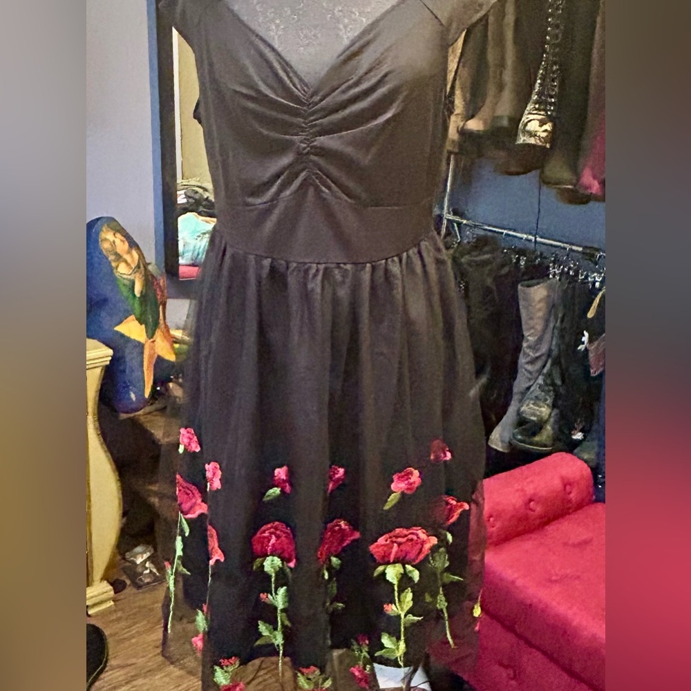 Boho Black Floral Embroidered Roses 🌹 Party 🎉 Dress